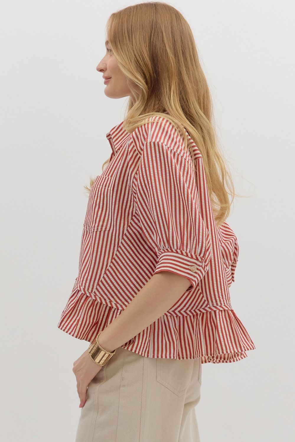 Stripe Pattern Ruffle Hem Top in Brick