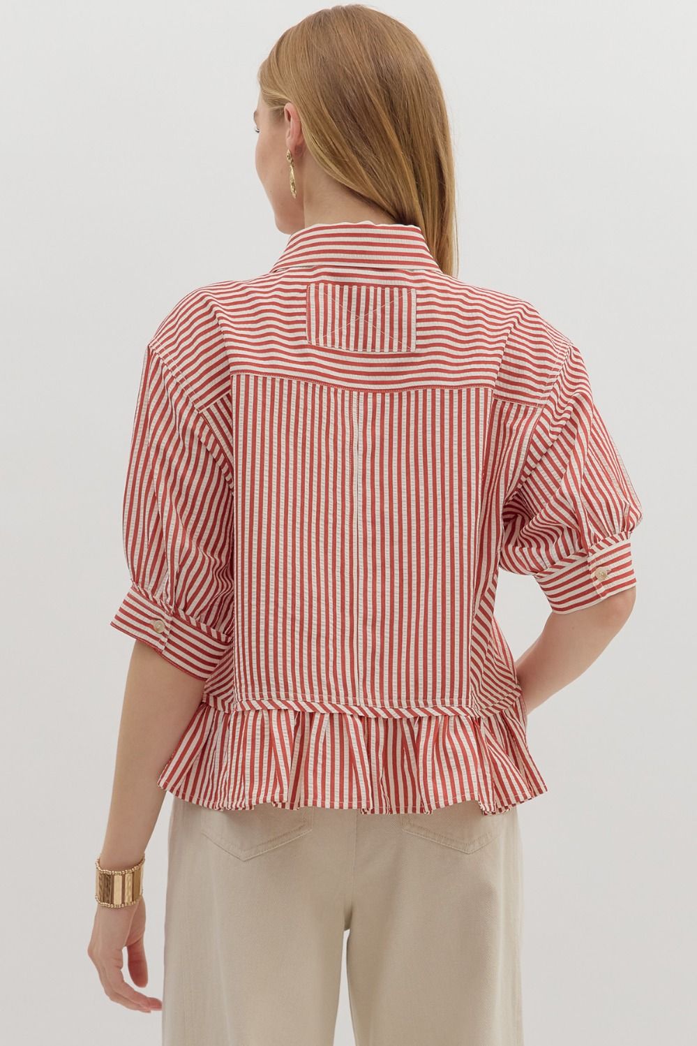 Stripe Pattern Ruffle Hem Top in Brick