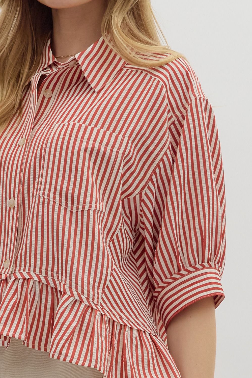 Stripe Pattern Ruffle Hem Top in Brick