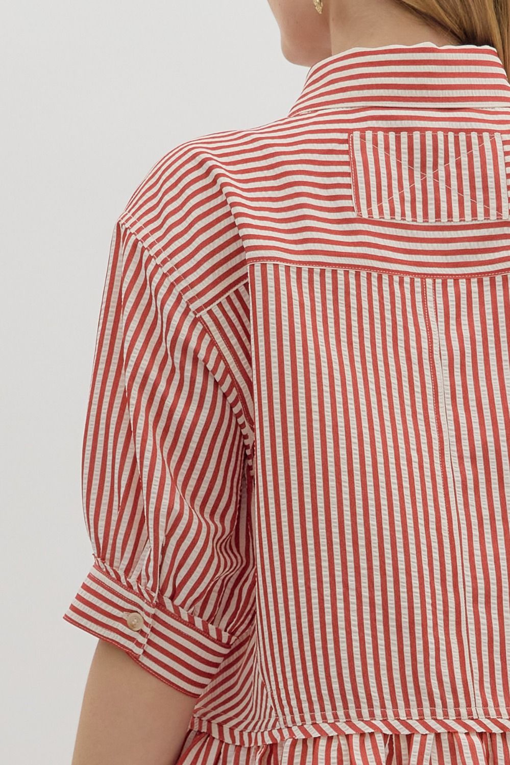 Stripe Pattern Ruffle Hem Top in Brick