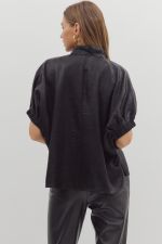 Metallic V-neck Band Collar Short Dolman Sleeve Top