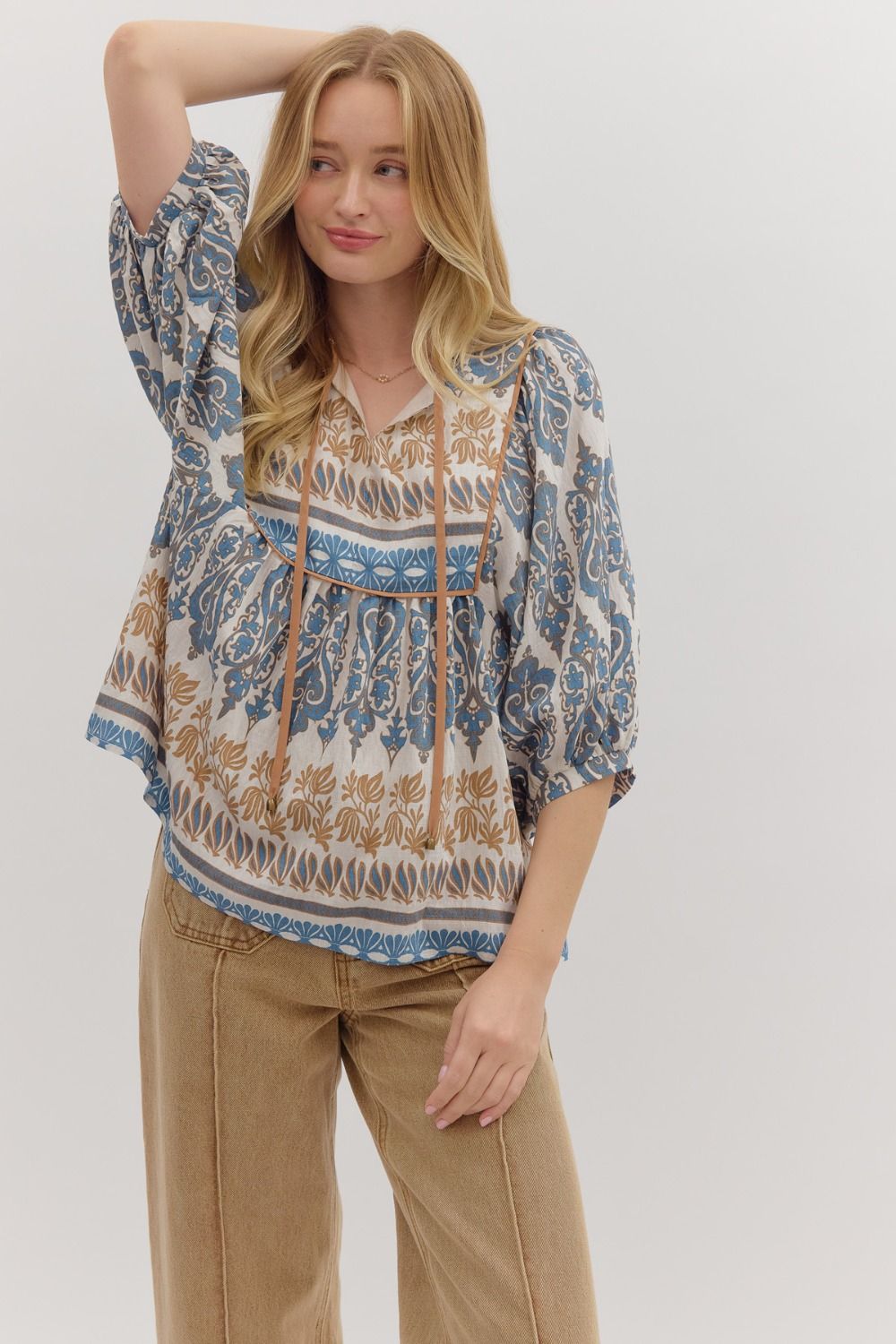 Self-Tie Detail 3/4 Sleeve Top