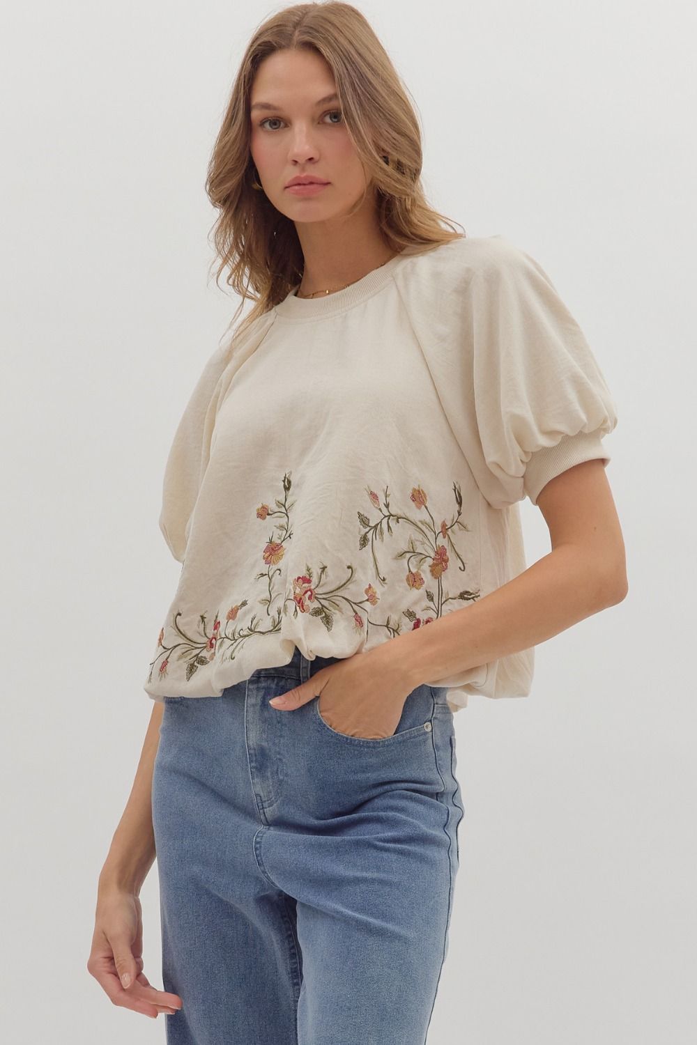 Embroidered Hem Top in Ecru
