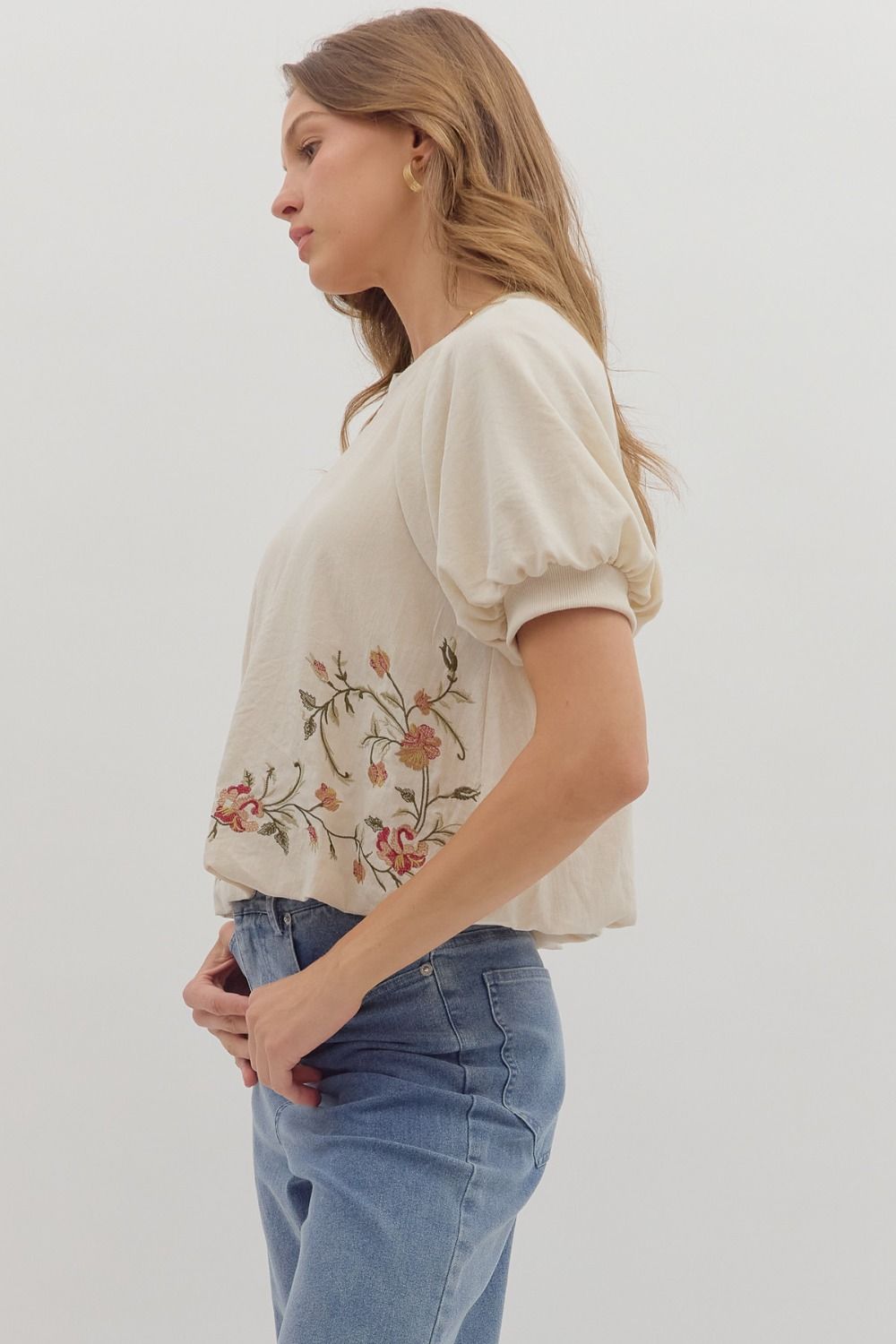Embroidered Hem Top in Ecru