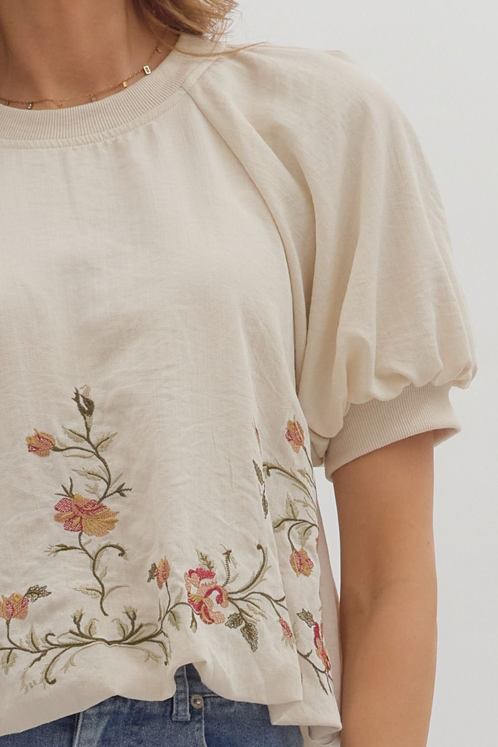 Embroidered Hem Top in Ecru