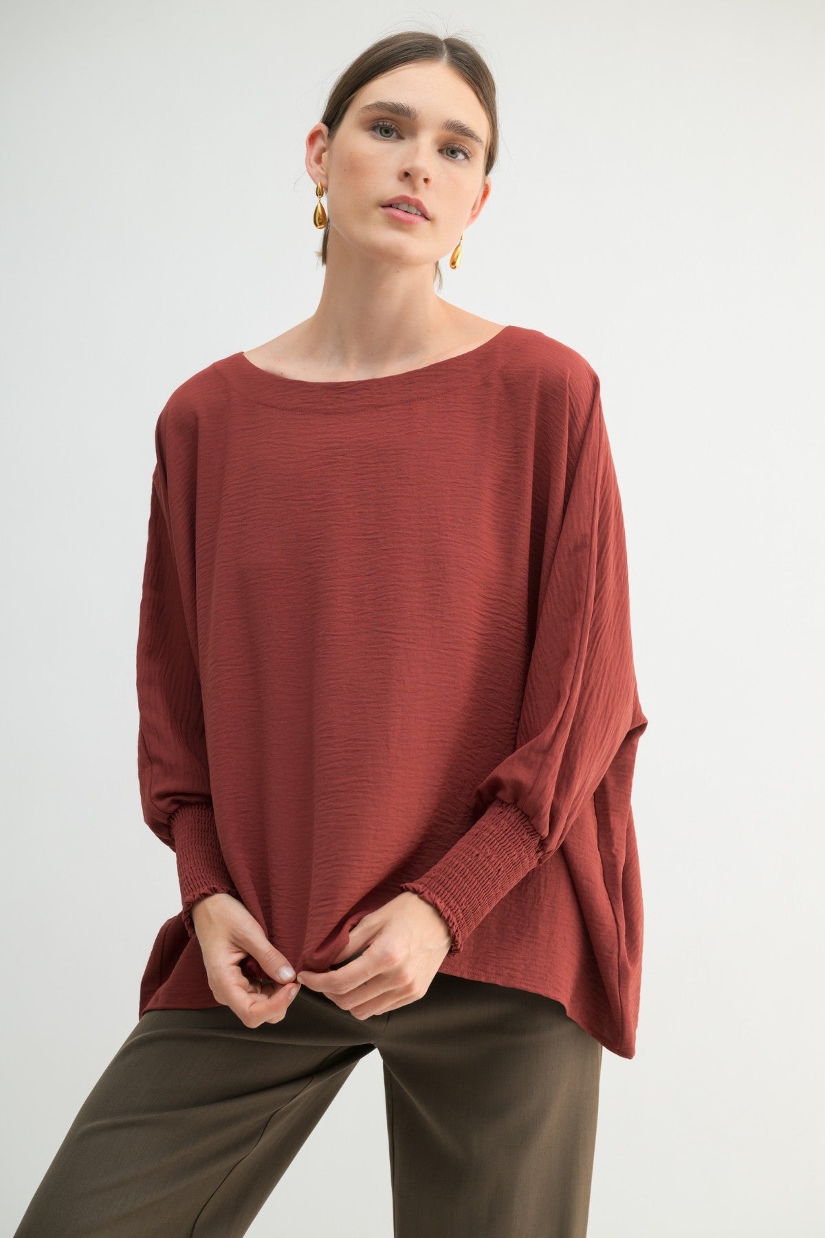 Oversized Top with Smocked Sleeves in Dry Rose