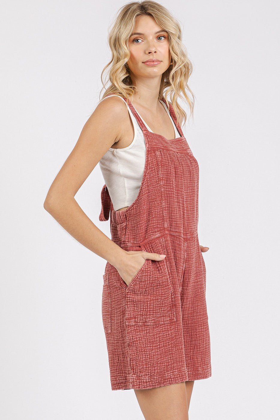 Mineral Wash Gauze Back Tie Romper in Dk. Mauve