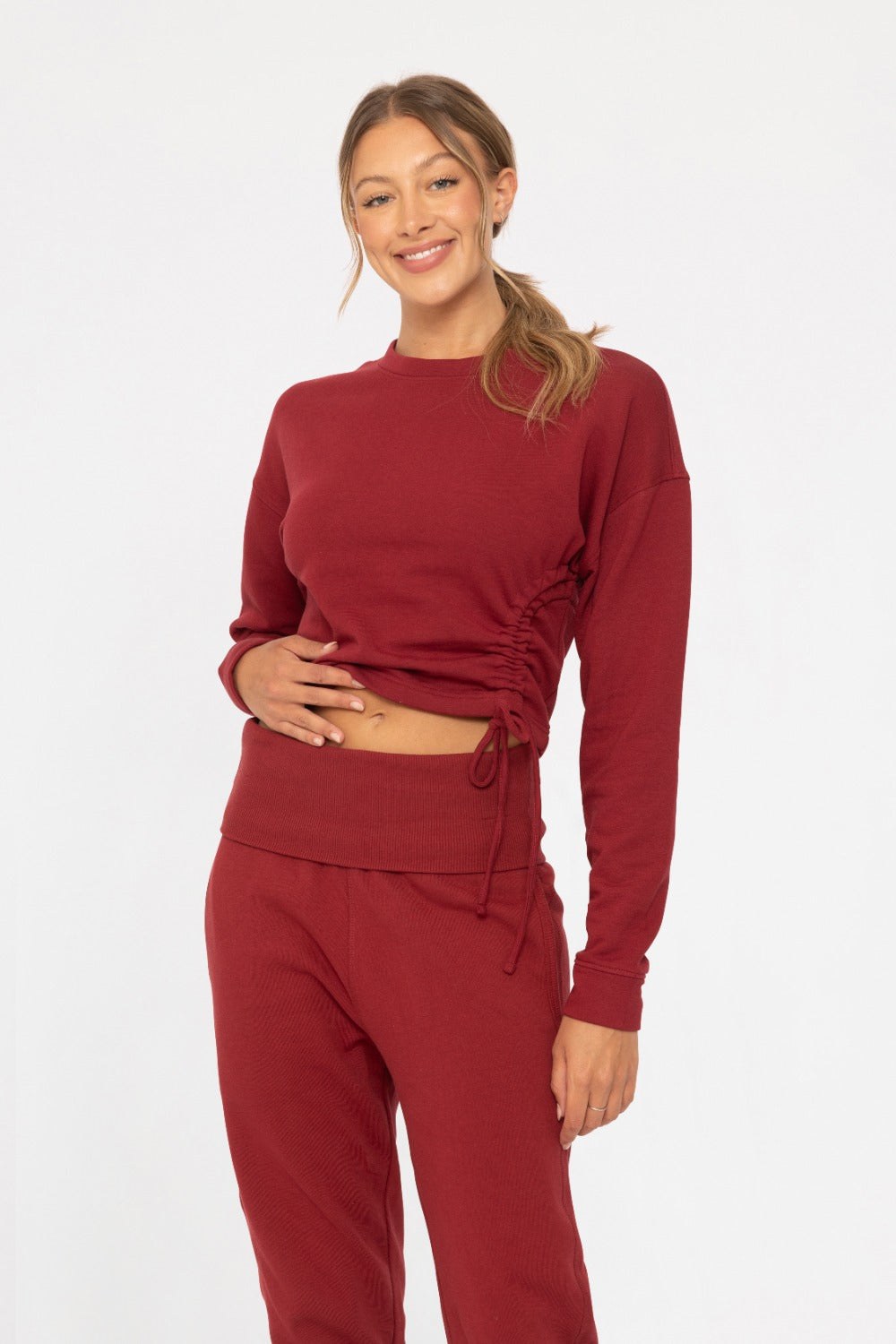 Fleece Side Cinch Crewneck in Burgundy