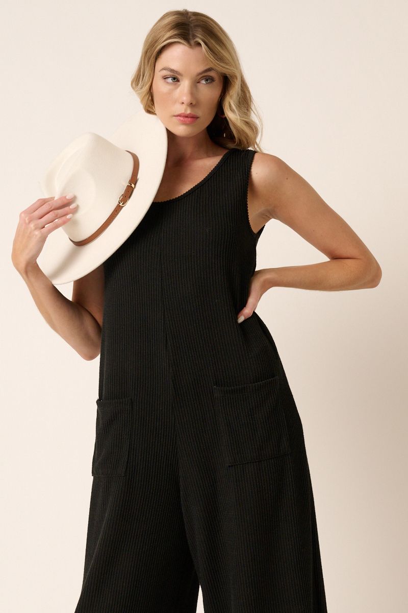 Texture Rib Knit Jumpsuit in Black