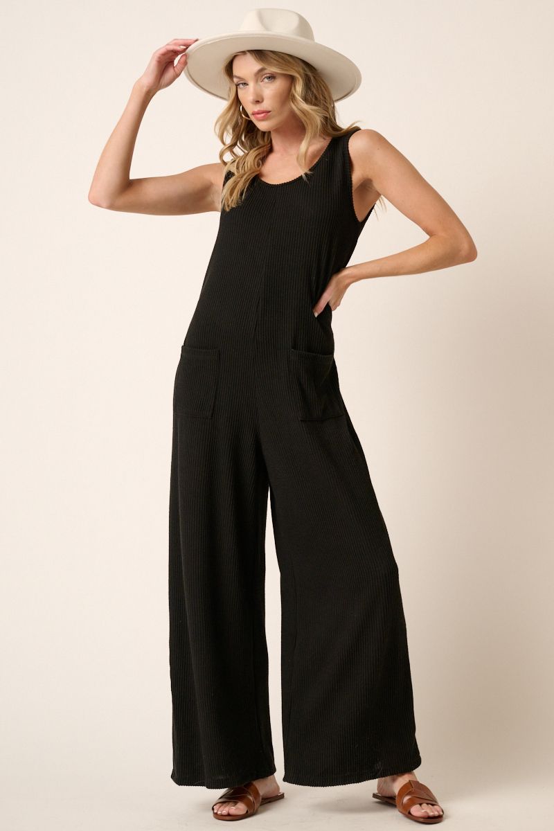 Texture Rib Knit Jumpsuit in Black