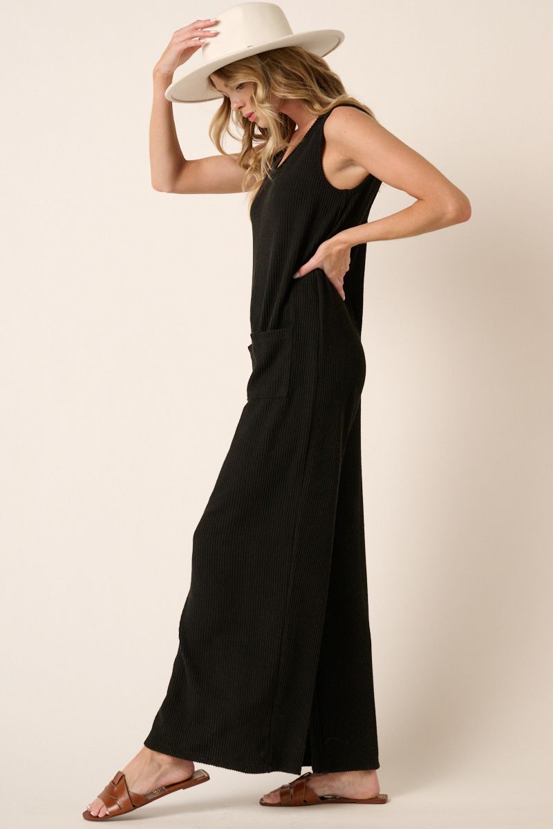 Texture Rib Knit Jumpsuit in Black