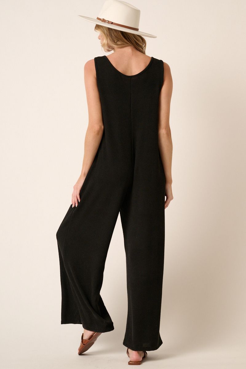 Texture Rib Knit Jumpsuit in Black