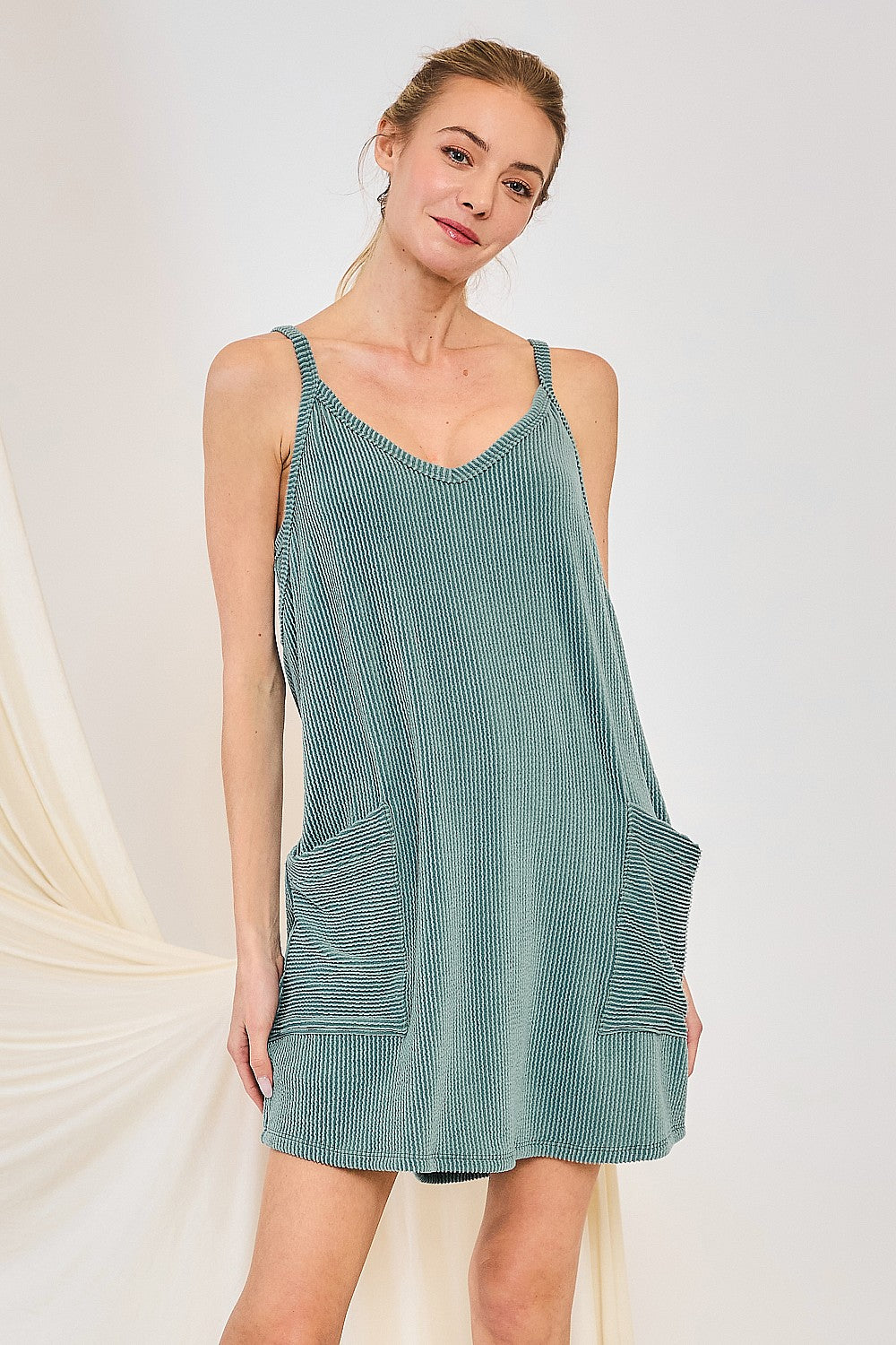 Wave Rib V-Neck Romper Dress