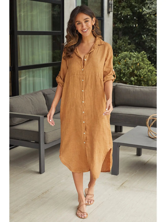 Italian Linen Button Down Dress in Tobacco