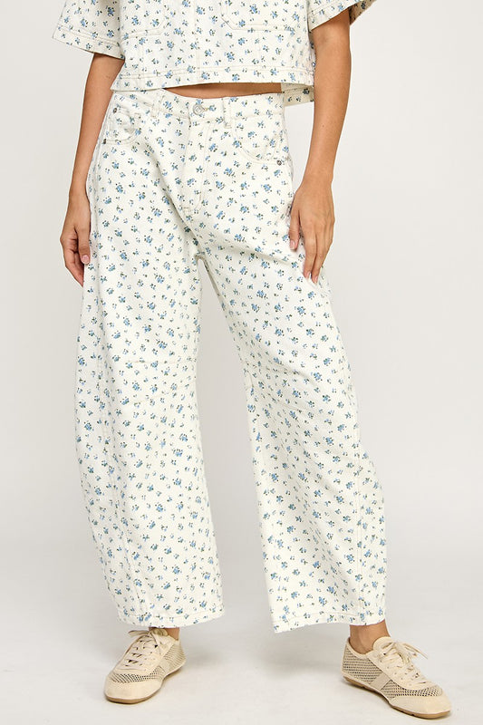 Floral Print Denim Barrel Jeans