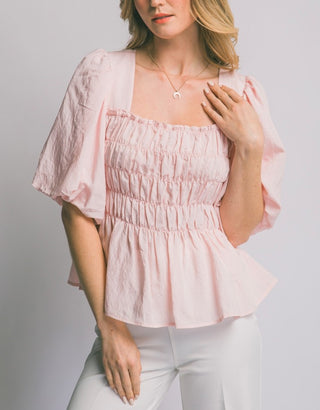 Puff Sleeve Smocked Bodice Top in Pink