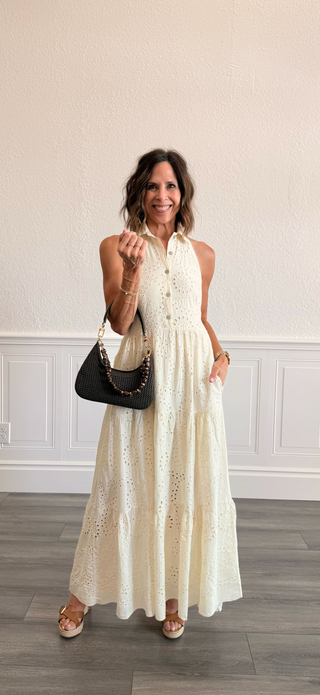 Eyelet Halter Maxi Dress in Butter
