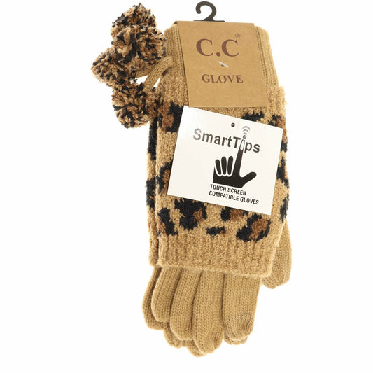 Leopard Print Cuffed Cc Women's Gloves with Pom Latte