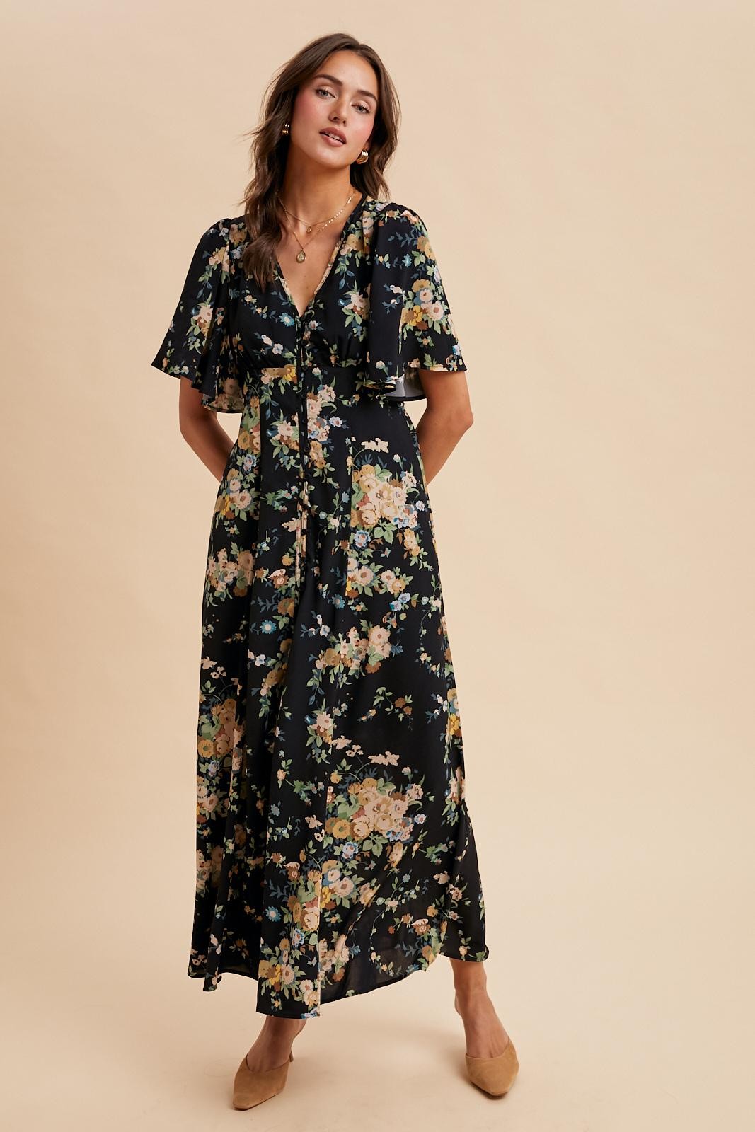 Floral Flutter Sleeve Maxi Dress