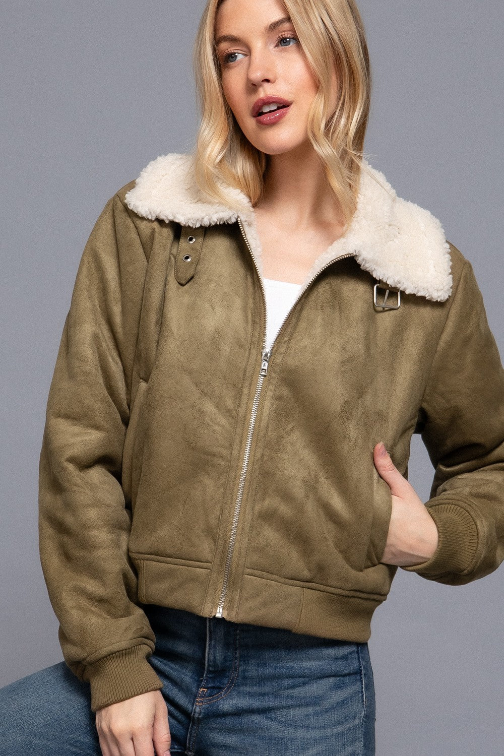 Faux Suede Fur lined Jacket in Olive