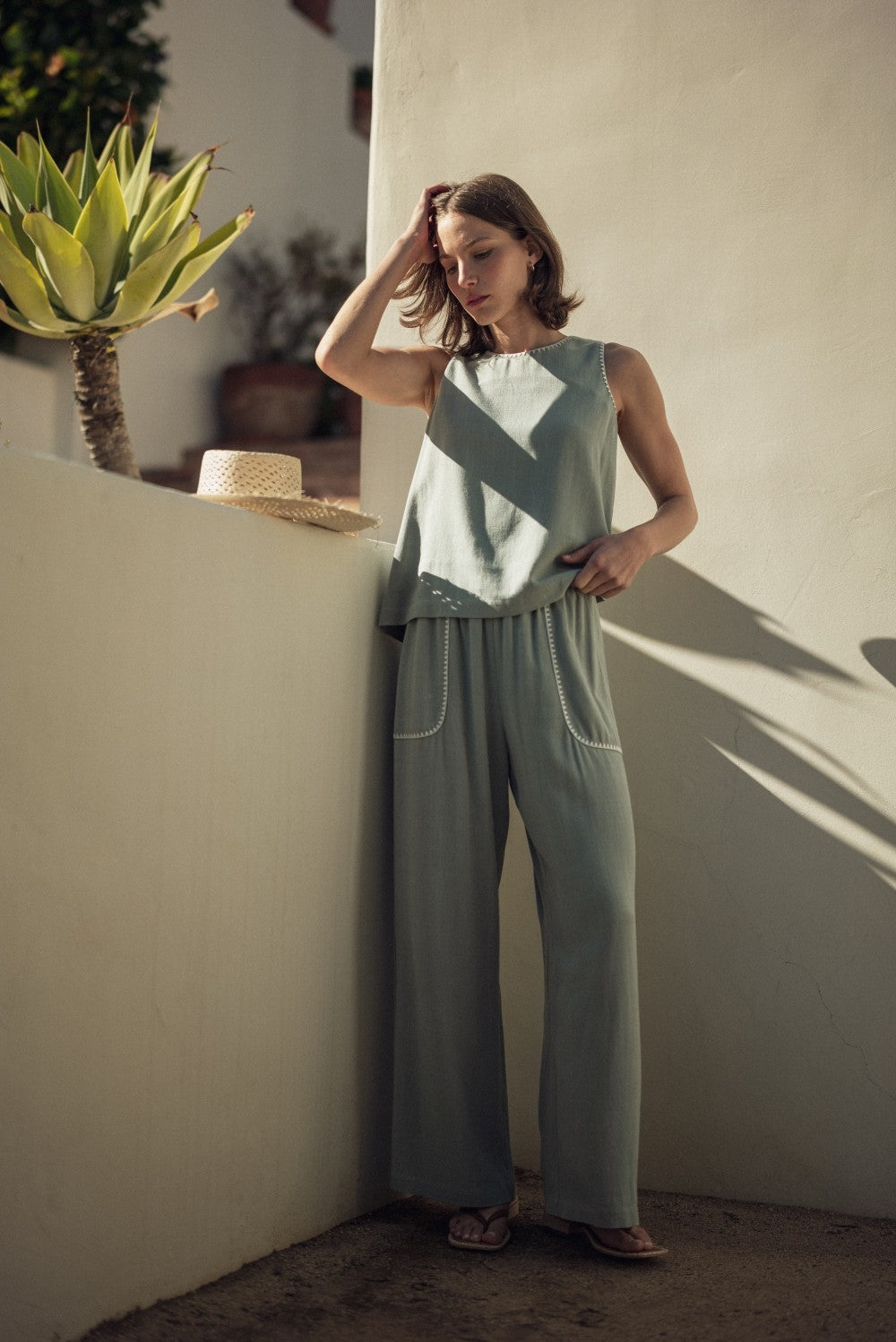 Embroidered Detail Pants in Sage