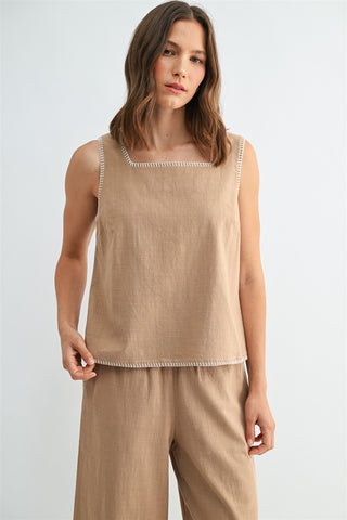 Contrast Stitch Square Neck Sleeveless Top