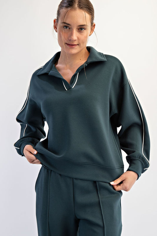 Modal Piping Polo Top in Midnight Green