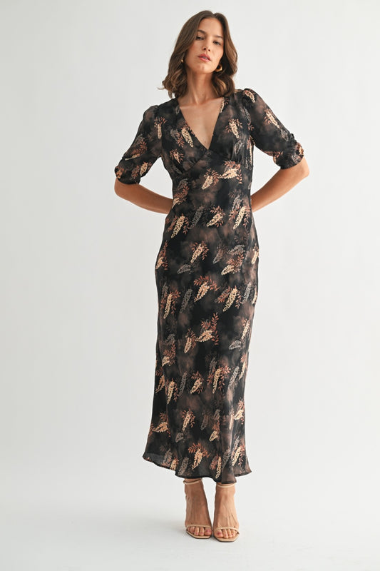 Leaf Print Satin Dress