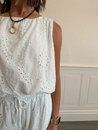 Sleeveless Bubble Hem Eyelet Top in White