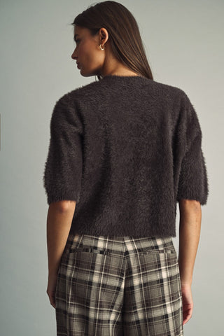 MIOU MUSE Cropped Eyelash Faux-Fur Sweater in Chocolate
