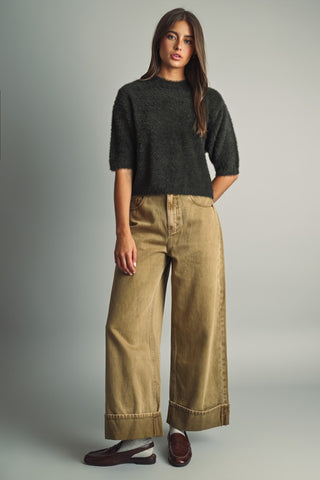 MIOU MUSE Cropped Eyelash Faux-Fur Sweater in Green