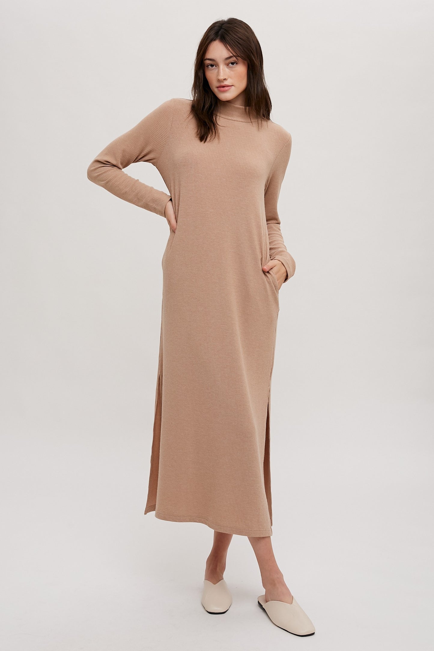 Mock Neck Knit Midi Dress in Taupe