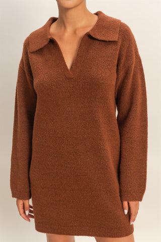 Polo Long Sleeve Sweater Dress in Chestnut