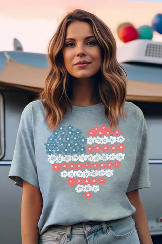 Floral Patriotic Flag Heart Graphic Tee
