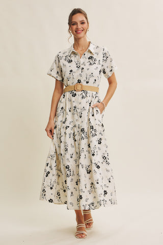 Eylet Lace Tiered Midi Dress with Belt