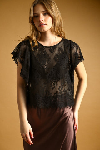 Lace Scalloped Overlay Top in Black & Ecru