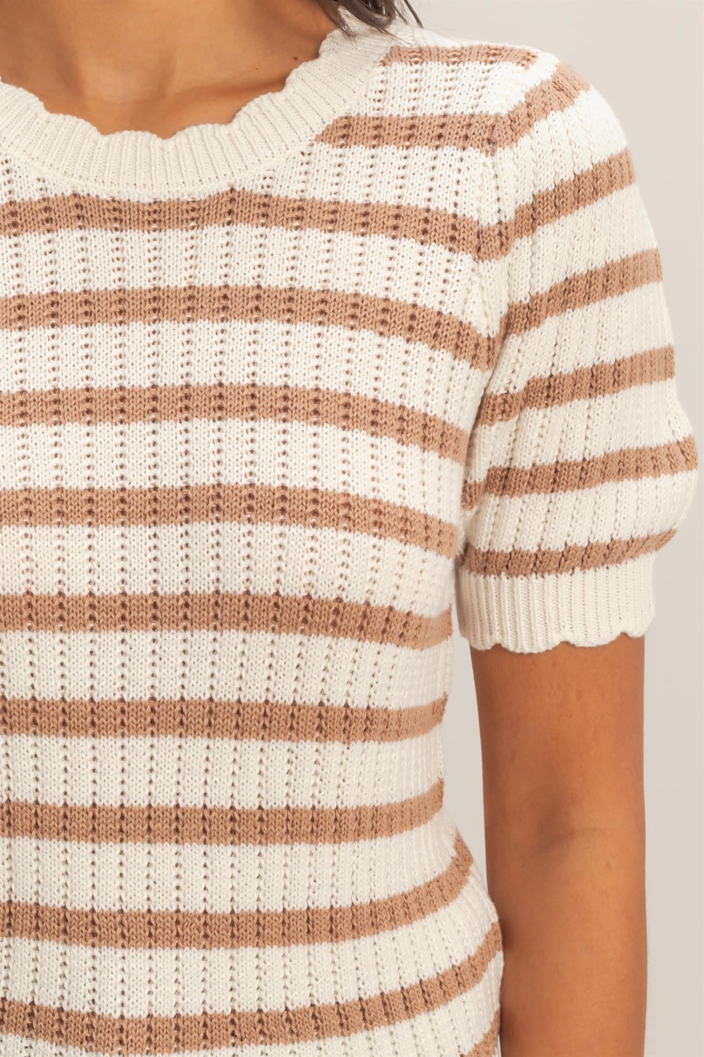 Striped Scallop Edge Puff Sleeve Knit Top