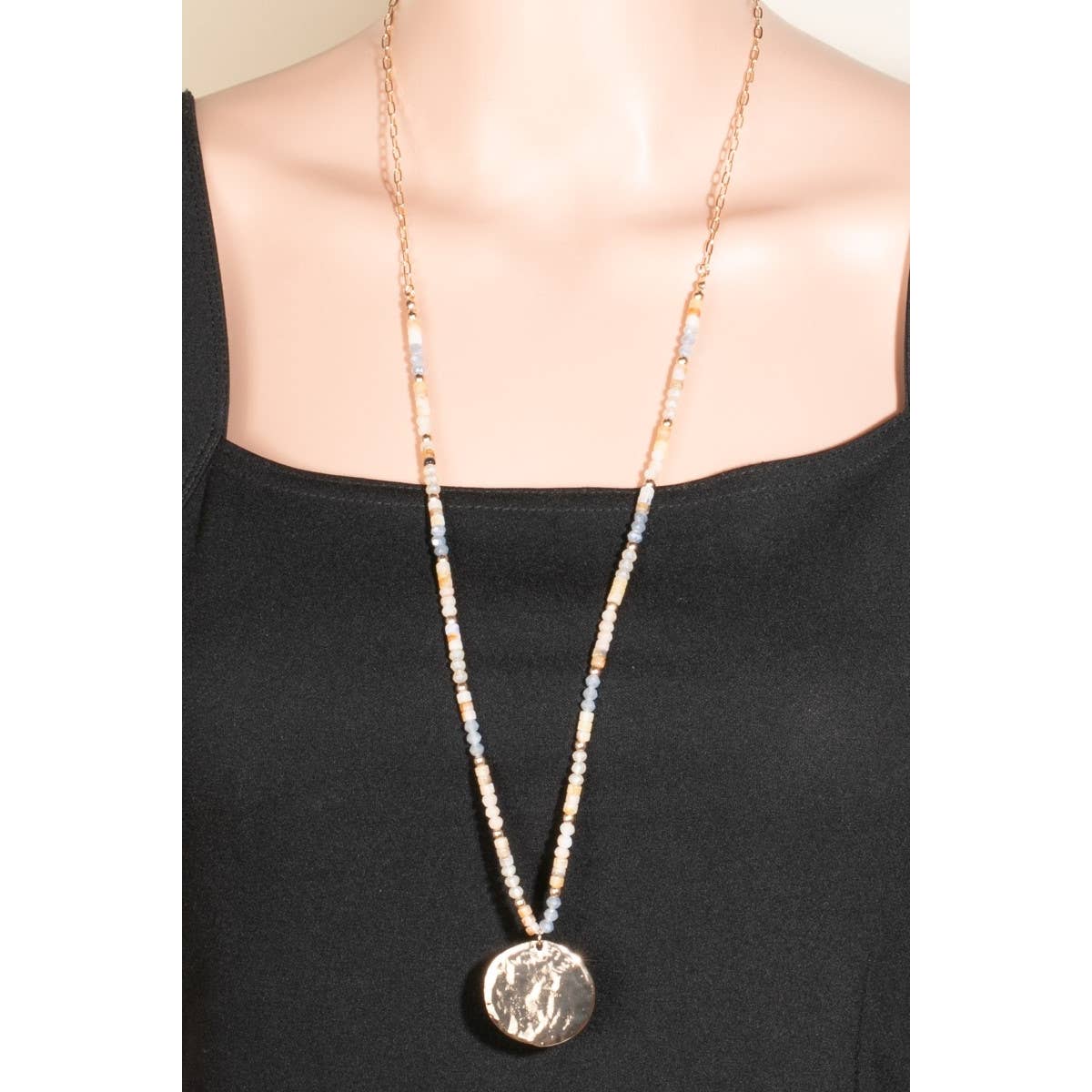 Hammered Disc Pendant Beaded Long Chain Necklace