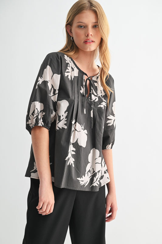 Flower Print Pintuck Detail Blouse