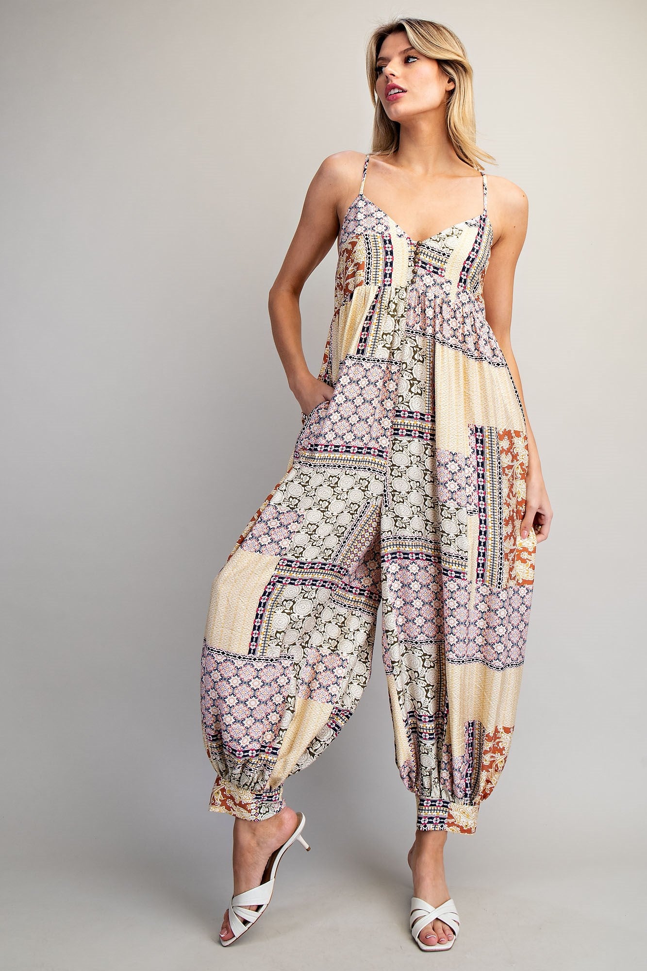 Patchwork Print Jumpsuit with Sweetheart Neckline