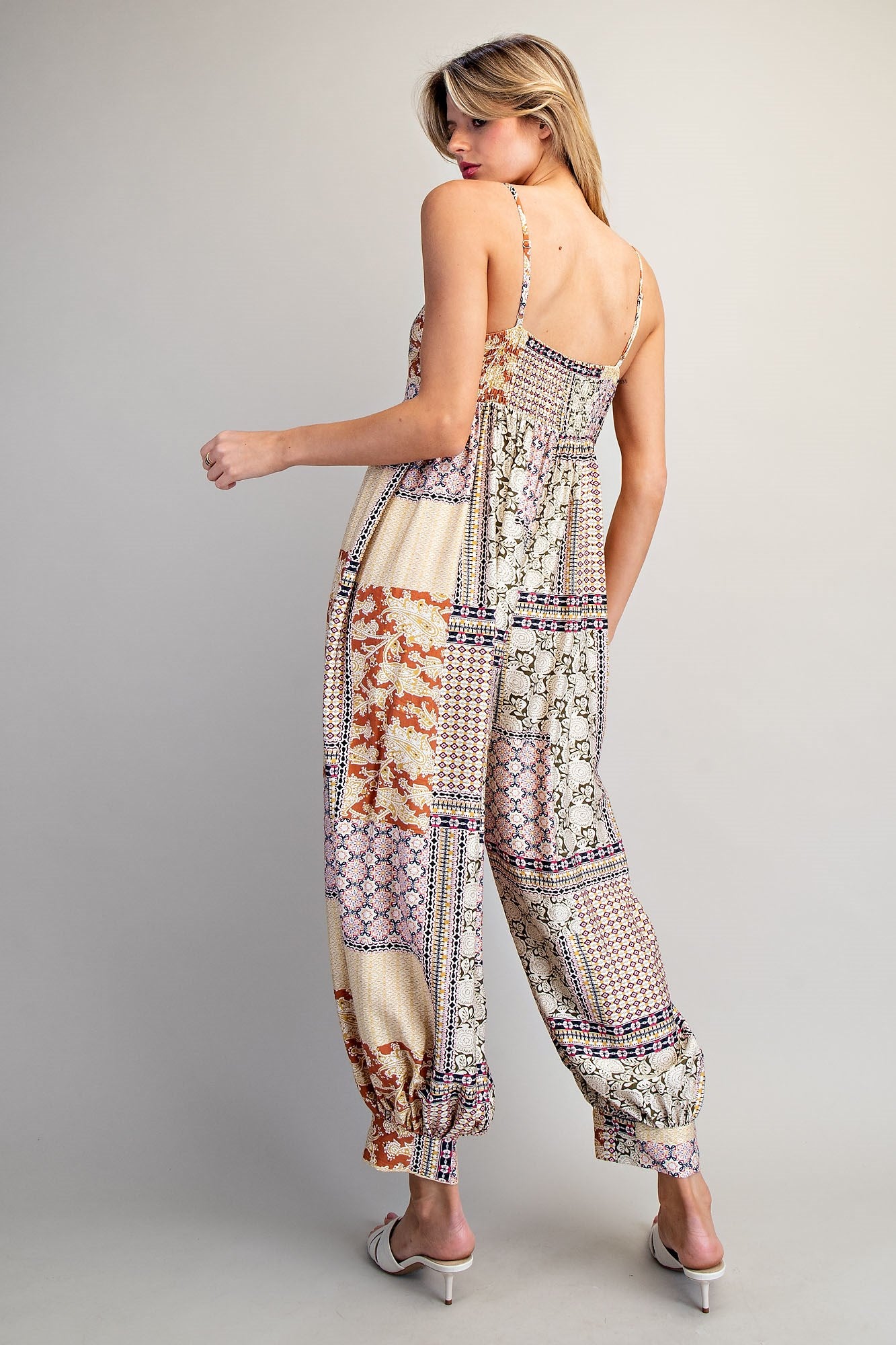 Patchwork Print Jumpsuit with Sweetheart Neckline
