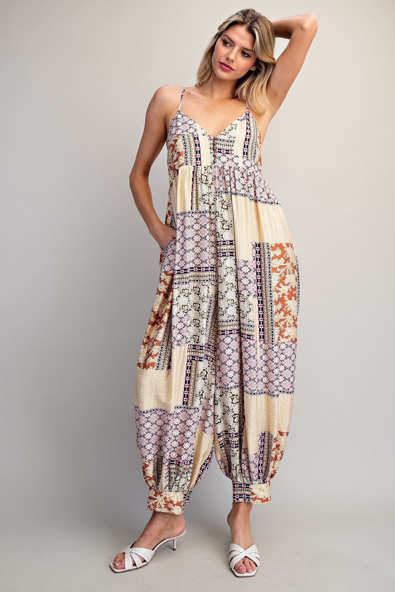 Patchwork Print Jumpsuit with Sweetheart Neckline
