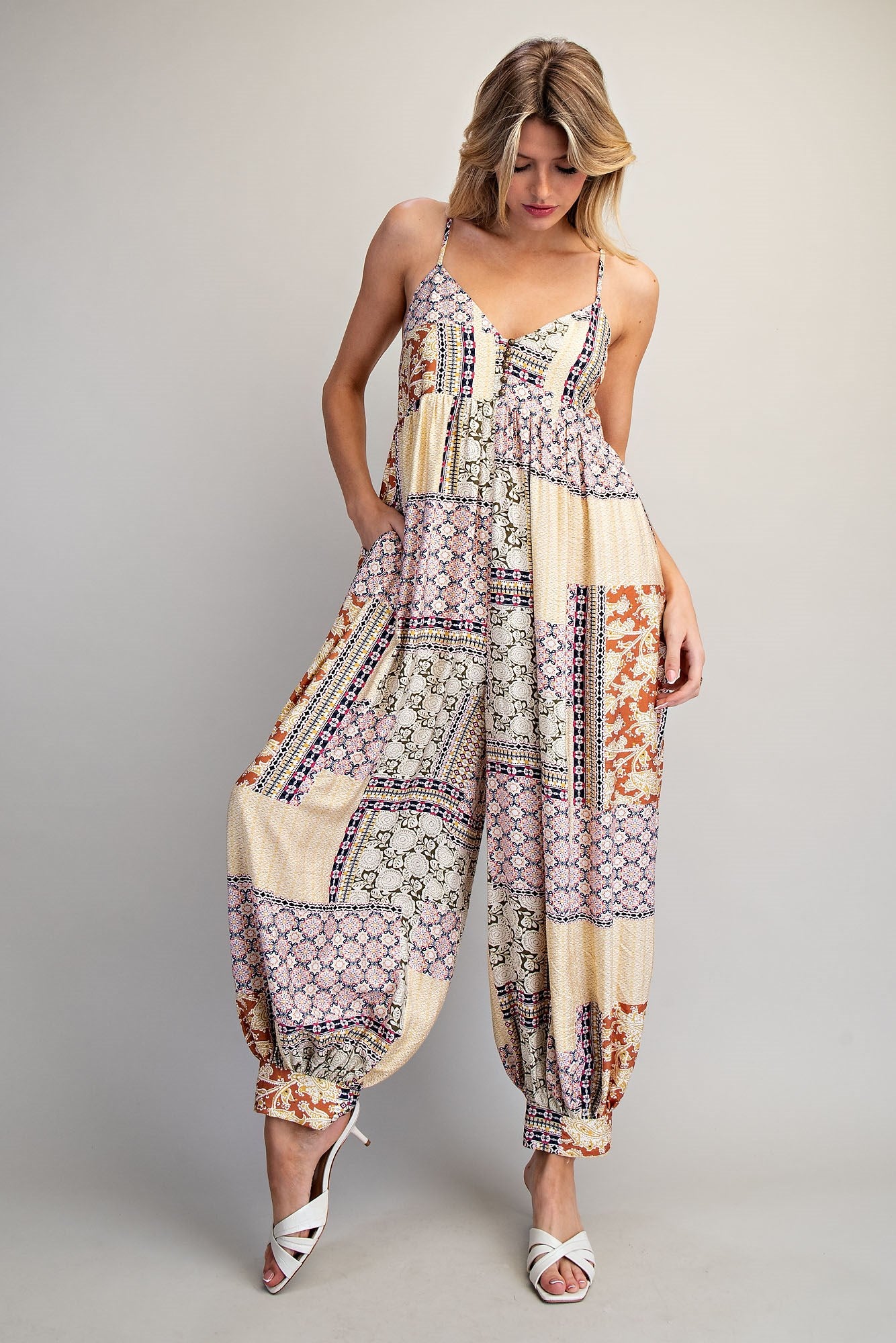 Patchwork Print Jumpsuit with Sweetheart Neckline