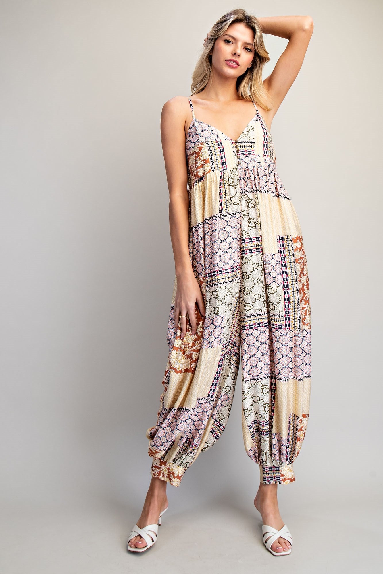 Patchwork Print Jumpsuit with Sweetheart Neckline