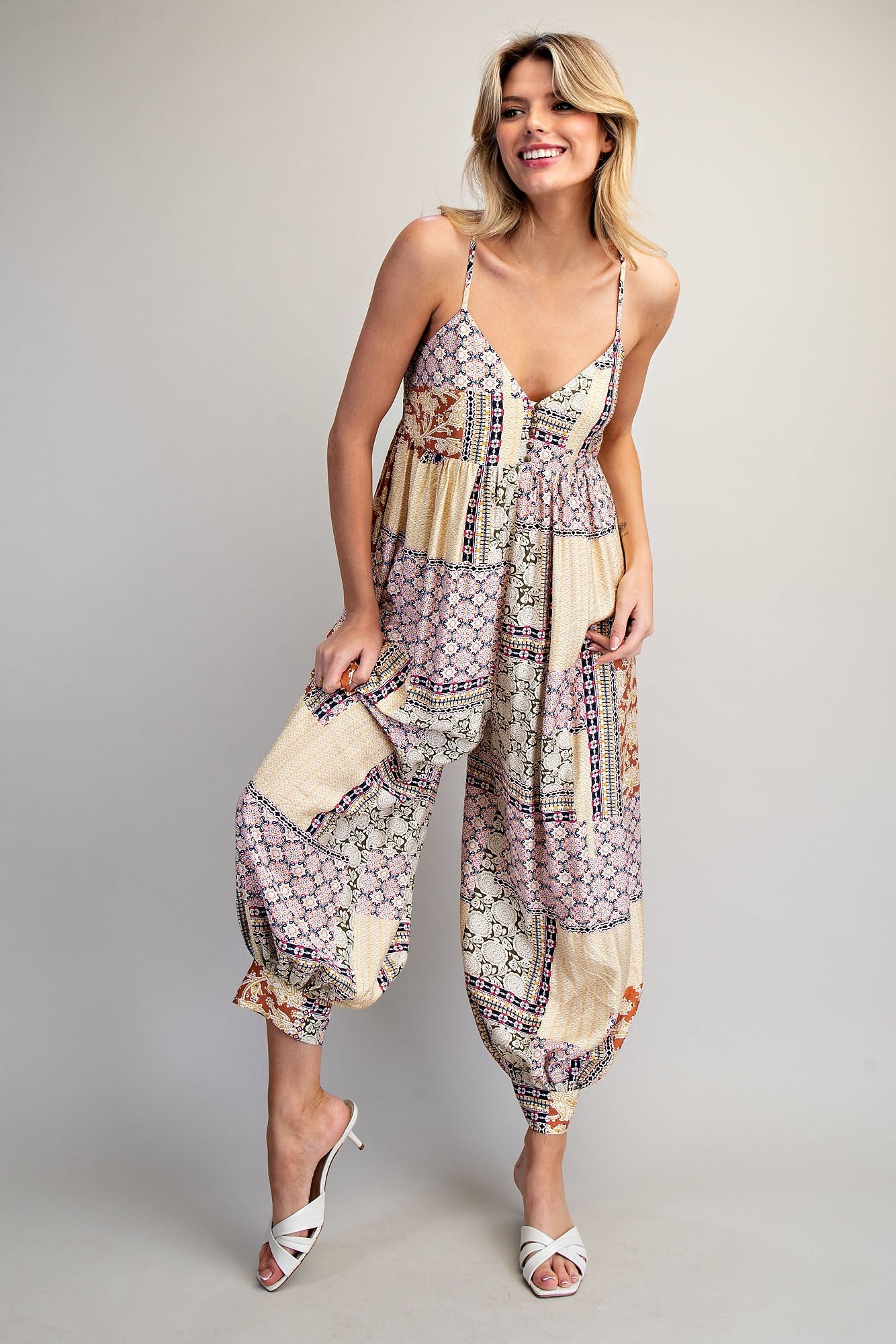 Patchwork Print Jumpsuit with Sweetheart Neckline