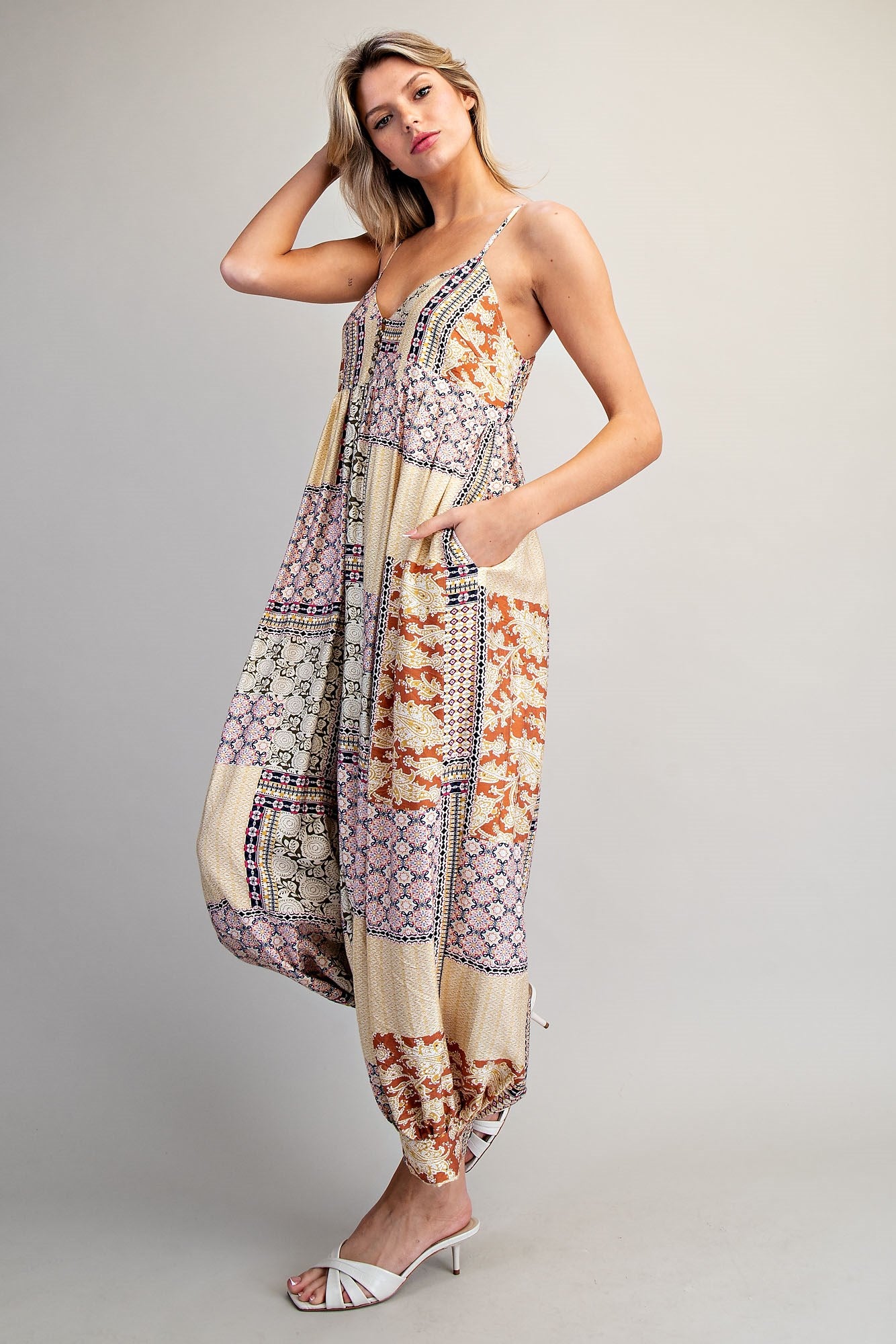 Patchwork Print Jumpsuit with Sweetheart Neckline