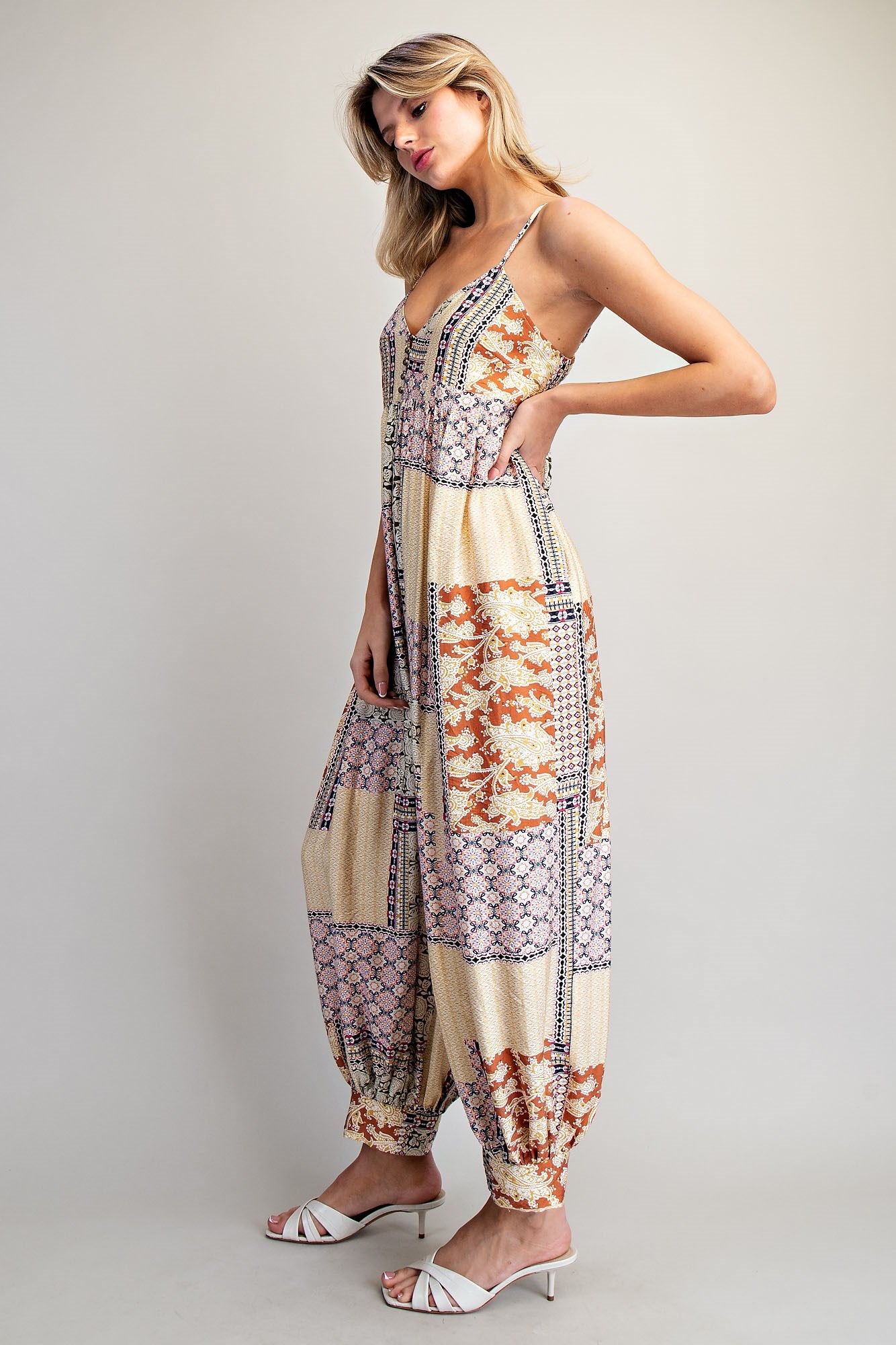 Patchwork Print Jumpsuit with Sweetheart Neckline