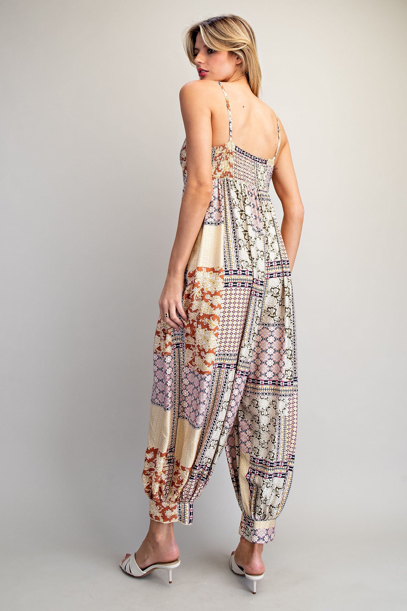 Patchwork Print Jumpsuit with Sweetheart Neckline