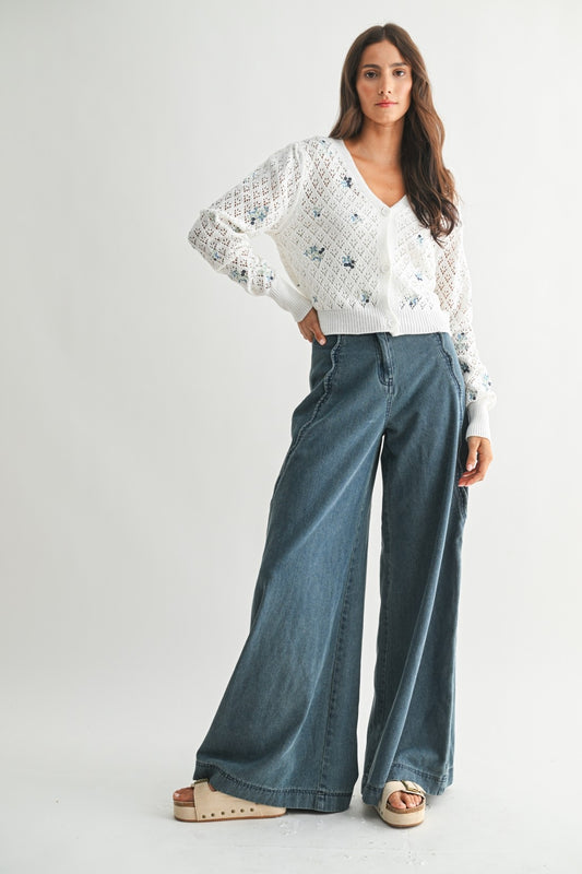 Scallop Trim Wide Leg Trousers