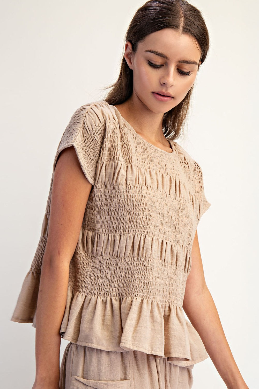 Ruched Crew Neck Top in Taupe